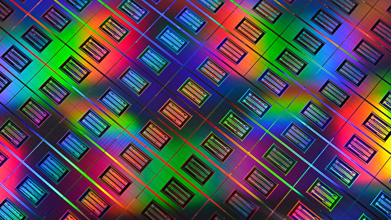 Closeup of HP's Memristor devices on a 300mm wafer.
