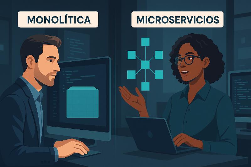 Comparativa entre arquitectura monolítica y microservicios con iconos de servidores y contenedores