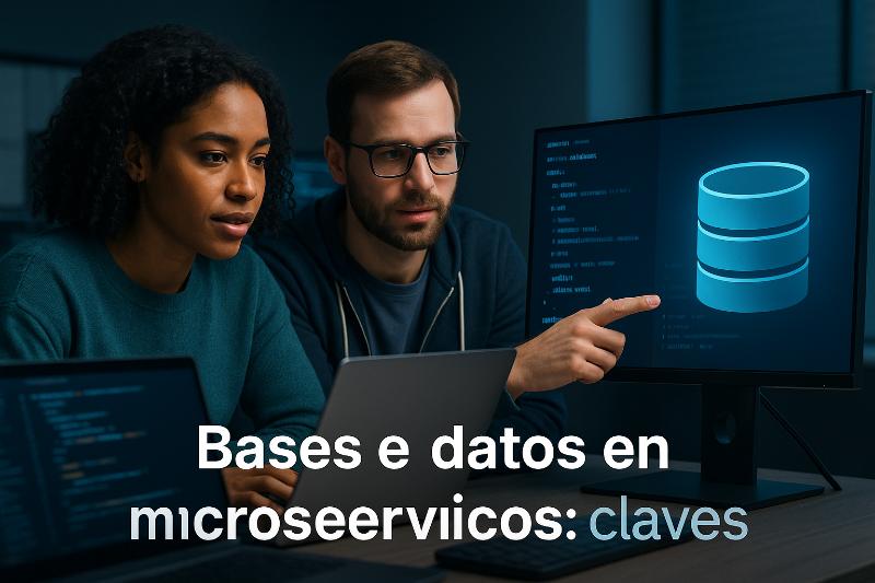 Arquitectura de bases de datos en microservicios mostrando servicios independientes conectados a diferentes motores SQL y NoSQL