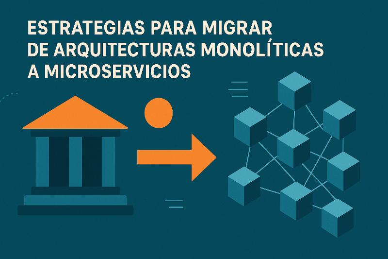 Diagrama de migración de arquitectura monolítica a microservicios con flechas de extracción incremental