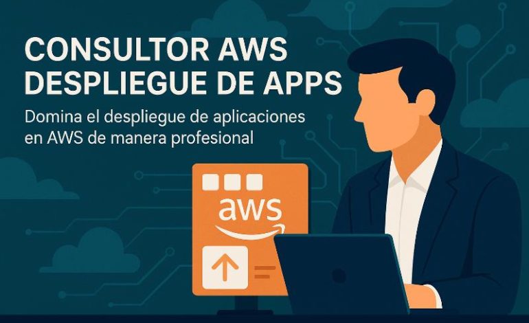 Consultor AWS analizando despliegue de aplicaciones en la nube con dashboards de monitoreo