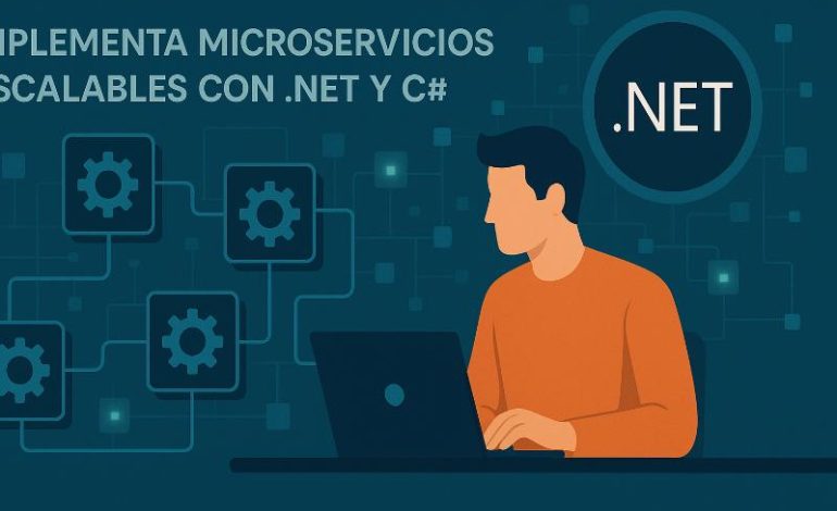 Diagrama de arquitectura de microservicios con .NET y C# mostrando contenedores Docker y comunicación asíncrona