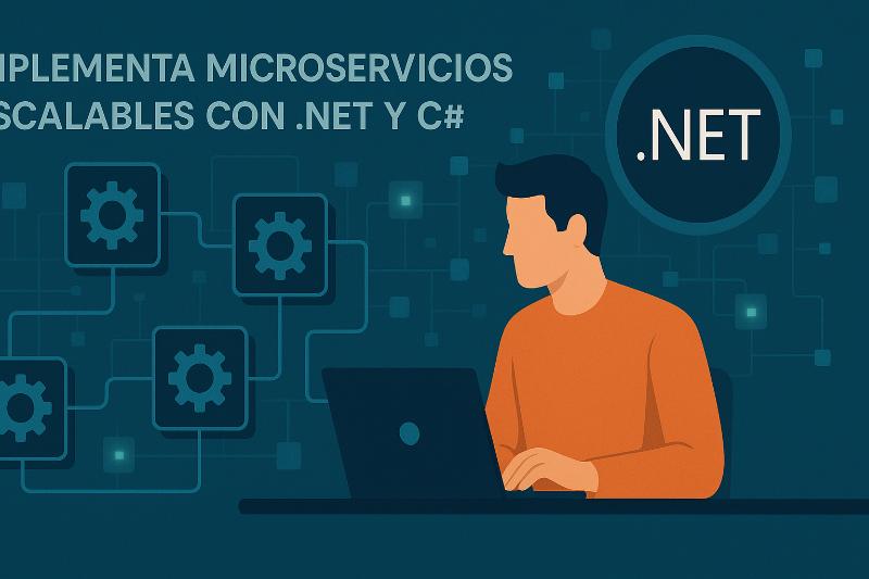 Diagrama de arquitectura de microservicios con .NET y C# mostrando contenedores Docker y comunicación asíncrona