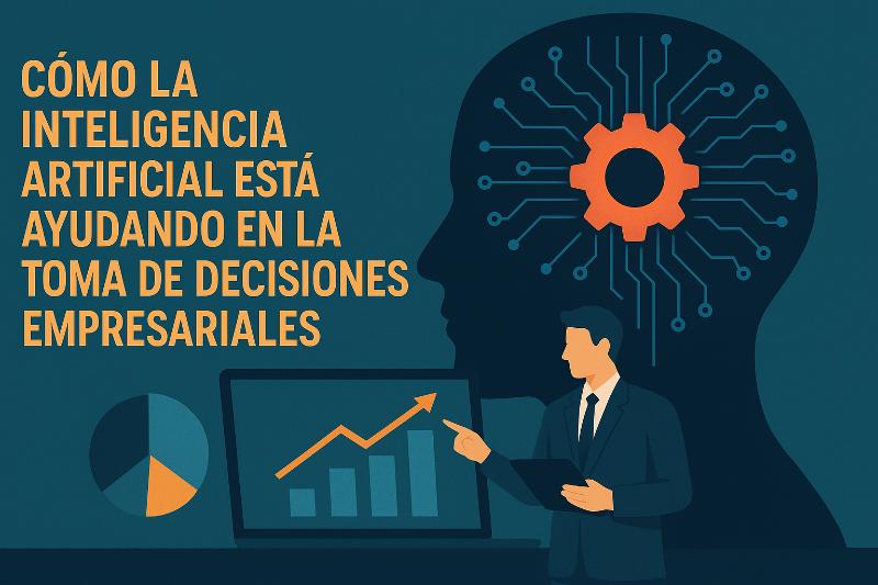 Infografía sobre inteligencia artificial en la toma de decisiones empresariales con iconos de datos y gráficos
