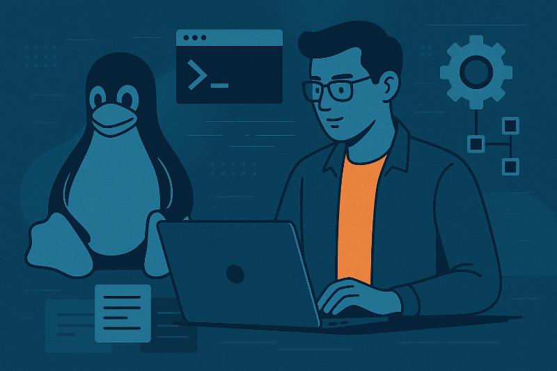 Administrador Linux trabajando en servidores con terminal y herramientas de automatización