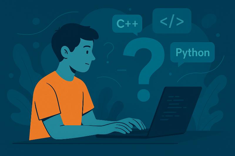 Persona iniciando en programación frente a una laptop con código, evitando errores comunes al elegir lenguaje