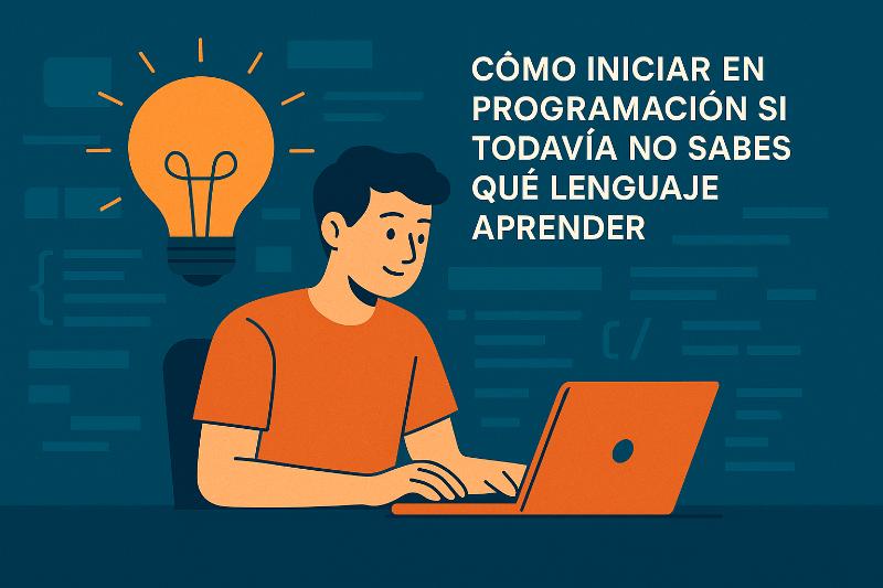 Persona iniciando en programación frente a una laptop con código, eligiendo su primer lenguaje entre patrones y anti-patrones