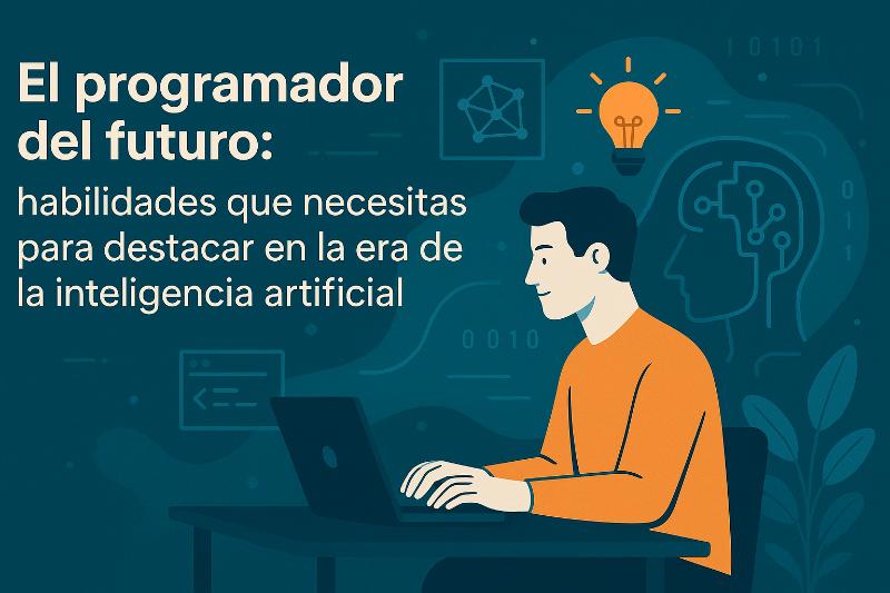 Programador del futuro trabajando con inteligencia artificial y codigo en pantalla